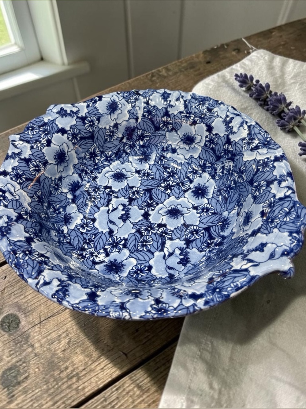 Vintage Victoria Ware Ironstone Blue Calico Fluted Serving Bowl 12.75"
